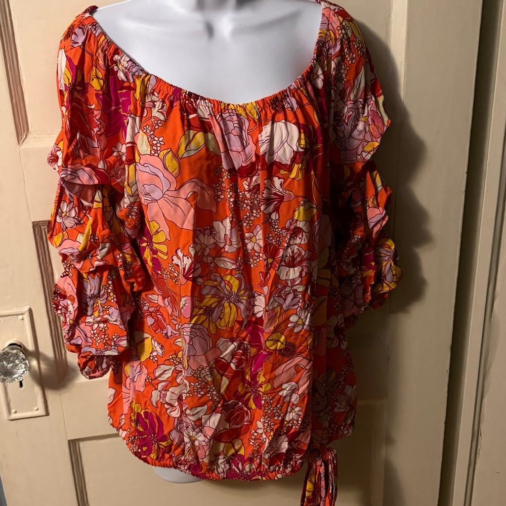 Vince Camuto Print Off the Shoulder Bubble Sleeve Top  Size L (NWT)